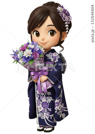 紫の花束を持つ振袖姿の3Dちびキャラの女性 紫の花束を持つ振袖姿の3Dちびキャラの女性 132646804