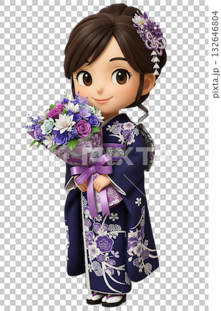 紫の花束を持つ振袖姿の3Dちびキャラの女性 紫の花束を持つ振袖姿の3Dちびキャラの女性 132646804