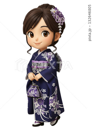 巾着を持って歩く紫の振袖姿の3Dちびキャラの女性 巾着を持って歩く紫の振袖姿の3Dちびキャラの女性 132646805