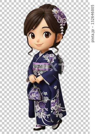 巾着を持って歩く紫の振袖姿の3Dちびキャラの女性 巾着を持って歩く紫の振袖姿の3Dちびキャラの女性 132646805