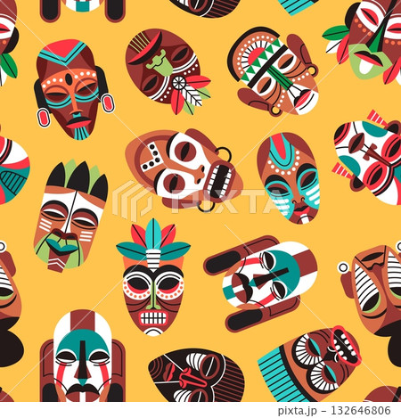 African masks seamless pattern. Ritual elements, traditional decorative items, ethnic ornaments, wooden objects. Decor textile, wrapping paper, wallpaper. Print tidy vector background African masks seamless pattern. Ritual elements, traditional decorative items, ethnic ornaments, wooden objects. Decor textile, wrapping paper, wallpaper. Print tidy vector background 132646806