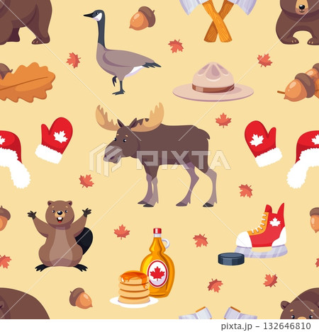 Canada day elements seamless pattern. Repeated national objects and symbols, maple leaves, syrup, moose and bear. Wrapping paper, wallpaper. Print for fabric classy vector background 132646810