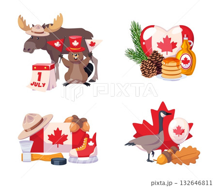 Canada elements compositions. Cartoon traditional objects groups, animals, dishes and symbols, maple syrup, moose, beaver on flag with leaf background, travel icons classy vector isolated set Canada elements compositions. Cartoon traditional objects groups, animals, dishes and symbols, maple syrup, moose, beaver on flag with leaf background, travel icons classy vector isolated set 132646811