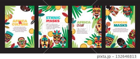 Cartoon african mask cards. Traditions poster, culture elements, ritual decorative items, frame with tropical leaves, patterned tribal faces, wooden objects, tidy vector set 132646813