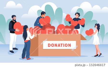 Donation hearts. Volunteering and charity, happy volunteers team collects large hearts in cardboard box, social care, humanitarian help and support, tidy vector cartoon isolated concept Donation hearts. Volunteering and charity, happy volunteers team collects large hearts in cardboard box, social care, humanitarian help and support, tidy vector cartoon isolated concept 132646817