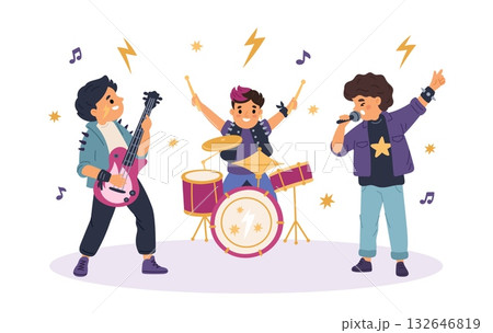 Funny rock band. Kids music trio, little guitarist, drummer and singer, live concert performing, musical instruments, children entertainment show, garish cartoon isolated vector concept 132646819