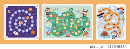 Kids step by step games. Funny designs board games for children template, maps with space and animals, gradual passage with chips, childish education cartoon flat isolated garish vector set Kids step by step games. Funny designs board games for children template, maps with space and animals, gradual passage with chips, childish education cartoon flat isolated garish vector set 132646823