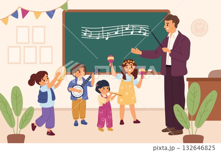 Music class learning. Students with musical instruments in teacher front, kids education, talented children in school, art subject cartoon flat style isolated garish vector background Music class learning. Students with musical instruments in teacher front, kids education, talented children in school, art subject cartoon flat style isolated garish vector background 132646825