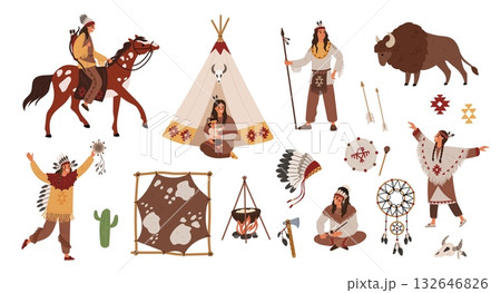 Native americans items. Indians people in traditional clothes, feather hat, household elements, dreamcatcher, horse rider and bison, ethnic men and women near wigwam garish vector cartoon set 132646826