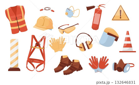 Security equipment. Protection accessories, safety clothes, masks and helmets, caution gloves, glasses and boots, fire extinguisher and warning sign qualitative vector cartoon isolated set 132646831