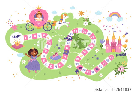 Step by step board game. Magical fairy tale kingdom, kids adventures, cute princesses and unicorn, girly maze template for children, cartoon flat style isolated garish vector concept 132646832