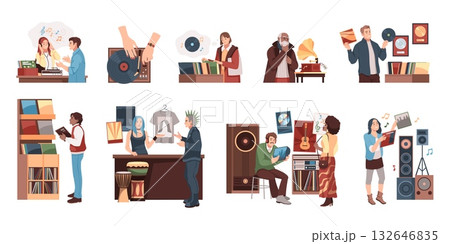 Vinyl records market visitors. Music lovers choose discs, people of different ages and subcultures in shop, vintage old melodies listening, customer and seller tidy vector cartoon flat set 132646835