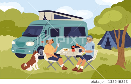 Camper on nature. Happy couple with dog on summer vacation, camping in nature, picnic in meadow, people resting, holiday travel adventure cartoon flat style isolated garish vector concept 132646838