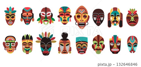 Cartoon african masks. Traditional tribal elements, decorative aborigine ornaments, ethnic ritual faces, wooden ceremonial objects, ancient tropical statue tidy vector isolated creative set 132646846