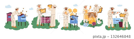Cartoon beekeepers. Equipped farm workers in protective clothing, apiarists collect honey and take care of bees and hives, organic honeycombs background garish vector isolated bio food set Cartoon beekeepers. Equipped farm workers in protective clothing, apiarists collect honey and take care of bees and hives, organic honeycombs background garish vector isolated bio food set 132646848