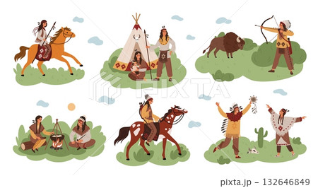 Cartoon native americans. Indian people in traditional costumes, feather headdresses, horse riders, wild west characters, family cooking, cartoon flat style isolated garish vector set Cartoon native americans. Indian people in traditional costumes, feather headdresses, horse riders, wild west characters, family cooking, cartoon flat style isolated garish vector set 132646849
