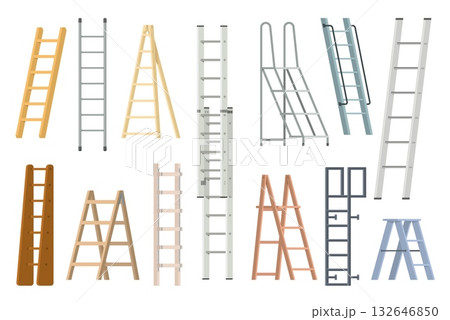 Cartoon step ladders. Different types wooden and metal staircases, home renovation and construction equipment, portable stairway for climbing or building, qualitative vector stepladder set Cartoon step ladders. Different types wooden and metal staircases, home renovation and construction equipment, portable stairway for climbing or building, qualitative vector stepladder set 132646850