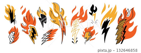 Doodle burning thunderbolts. Blazing lightning, hand drawn funny elements, decorative flashes, tongues of flame, fires burning, stickers and labels, garish vector cartoon isolated set 132646858