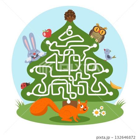 Kids maze game. Cute animals, help find way, children labyrinth, forest life, squirrel, owl, hare, funny characters, searching route cartoon flat style isolated splendid vector concept 132646872
