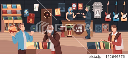 People in vinyl store. Music lovers choose vintage cds, punk talks to merch seller, customer buying t shirts with bands, guitars, drums, cartoon flat style isolated tidy vector concept People in vinyl store. Music lovers choose vintage cds, punk talks to merch seller, customer buying t shirts with bands, guitars, drums, cartoon flat style isolated tidy vector concept 132646876