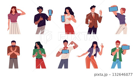 People pointing finger. Men and women gesticulate, flat characters with gadgets, blank smartphone screens, body language, finger point cartoon flat style isolated nowaday vector set 132646877