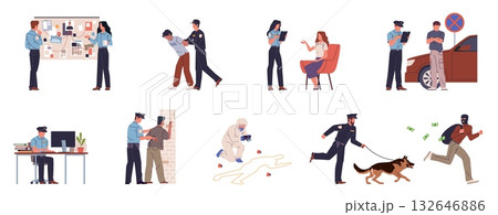 Police situations. Police officers solve case, arrest criminals, search thieves, record testimony collecting evidence. Professional characters in uniform cartoon flat nowaday vector set Police situations. Police officers solve case, arrest criminals, search thieves, record testimony collecting evidence. Professional characters in uniform cartoon flat nowaday vector set 132646886