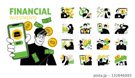 Stock trading. Financial investments scenes, people buy and sell stocks, resources, crypto and currency on exchange, profit growth, cash saving cartoon flat style isolated tidy vector set Stock trading. Financial investments scenes, people buy and sell stocks, resources, crypto and currency on exchange, profit growth, cash saving cartoon flat style isolated tidy vector set 132646893