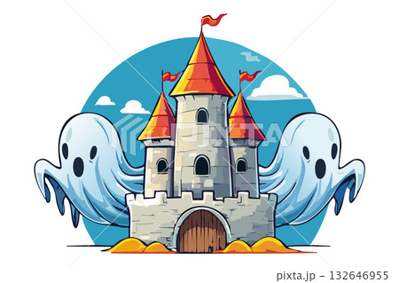 Halloween haunted castle with spooky ghosts, spooky house and ghost Halloween haunted castle with spooky ghosts, spooky house and ghost 132646955