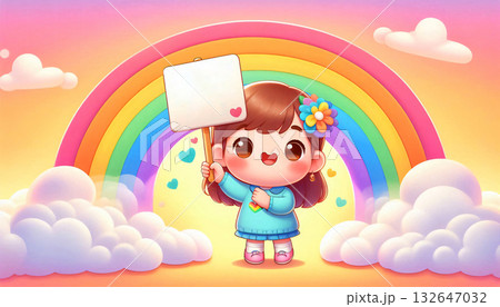 A cute kid holds a sign with a rainbow string for text on the back. 132647032