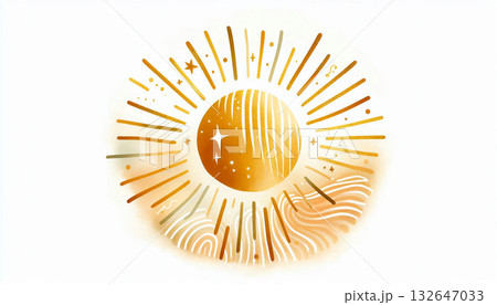 Abstract golden light rays over beige watercolor texture, minimalist design 132647033