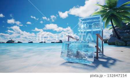 Ice chair on the beach, refreshing concept. Vacation on the hot shore with cold chair. Generated AI. Ice chair on the beach, refreshing concept. Vacation on the hot shore with cold chair. Generated AI. 132647154