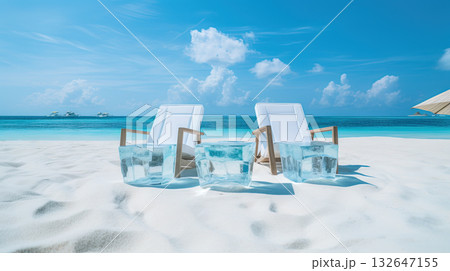 Couple of ice deck chairs on the beach, refreshing concept. Vacation on the hot shore with cold chairs. Generated AI. Couple of ice deck chairs on the beach, refreshing concept. Vacation on the hot shore with cold chairs. Generated AI. 132647155