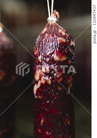 Smoked sausage production line in the factory 132647437