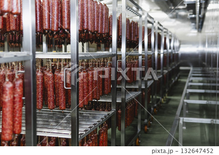 Smoked sausage production line in the factory 132647452