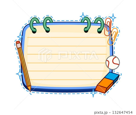 School education notebook kids memo note frame. Schedule vector classes supply label, kid education planner memo note. Scrapbook child learning accessory sticker with pencil, eraser and paperclip 132647454