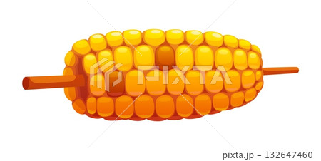 Cartoon grilled vector corn cob on wooden stick. Autumn farm street food on grill or barbeque. Fall harvest vegetable baked on barbecue with spices 132647460