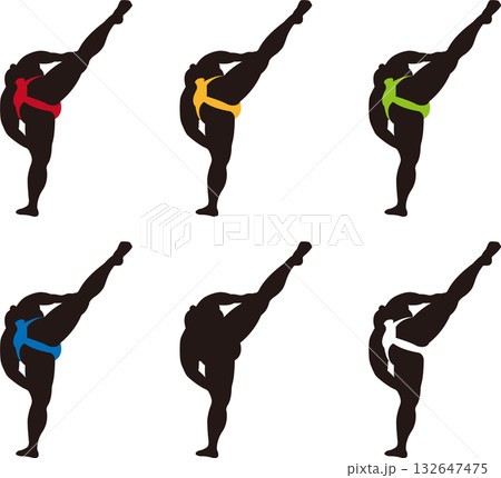 四股踏みで片足を上げるお相撲さんの後ろ姿シルエットセット 132647475