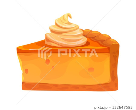 Cartoon pumpkin pie slice for Thanksgiving holiday. Sweet cake piece with whipped cream. Traditional autumn homemade dessert with cinnamon spice and pecan 132647583