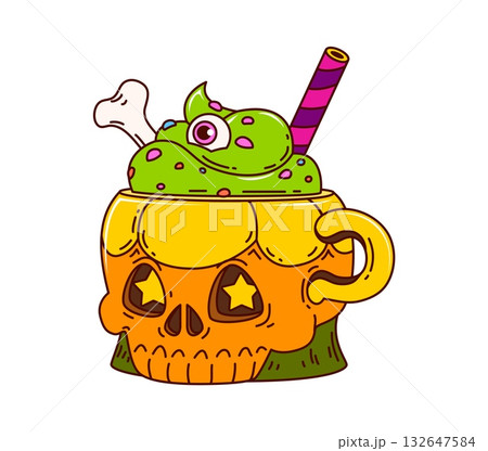 Groovy Halloween cocktail in skull cup with green slime, bones, and eyeball. Funny spooky cocktail with eye and straw. Vector drink with hippie trippy vibe for horror party or candy treat Groovy Halloween cocktail in skull cup with green slime, bones, and eyeball. Funny spooky cocktail with eye and straw. Vector drink with hippie trippy vibe for horror party or candy treat 132647584
