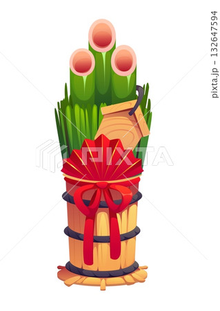 Cartoon kadomatsu traditional Japanese new year decoration made of bamboo, pine and straw symbolizing prosperity and welcoming ancestral spirit to bless the home. Isolated vector Asian holiday element Cartoon kadomatsu traditional Japanese new year decoration made of bamboo, pine and straw symbolizing prosperity and welcoming ancestral spirit to bless the home. Isolated vector Asian holiday element 132647594