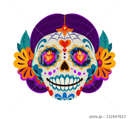 Day of the Dead holiday woman calavera sugar skull. Dia de Los Muertos festival calavera sugar skull, Day of the Dead holiday vector death face with flowers in hair, cobweb tattoo and flaming hearts Day of the Dead holiday woman calavera sugar skull. Dia de Los Muertos festival calavera sugar skull, Day of the Dead holiday vector death face with flowers in hair, cobweb tattoo and flaming hearts 132647623