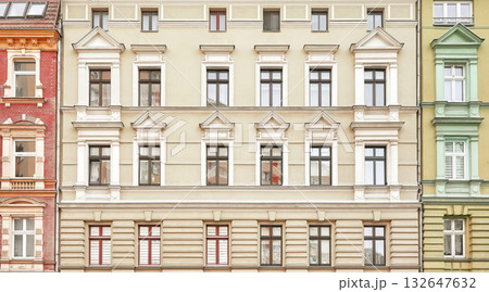 Facades of old residential buildings in Szczecin, Poland. 132647632