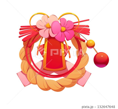 Japanese New Year decoration featuring braided straw rope, flowers and festive ornaments. Isolated cartoon vector seasonal holiday celebratory element symbolizes good fortune, culture and tradition Japanese New Year decoration featuring braided straw rope, flowers and festive ornaments. Isolated cartoon vector seasonal holiday celebratory element symbolizes good fortune, culture and tradition 132647648