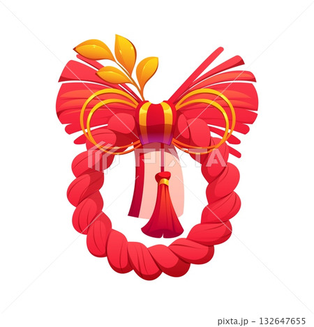 Cartoon Japanese shimenawa new year wreath with braided rope, ornamental bow, tassel, and golden leaves. Vector traditional decoration hung at entrances to welcome good fortune, ward off evil spirits Cartoon Japanese shimenawa new year wreath with braided rope, ornamental bow, tassel, and golden leaves. Vector traditional decoration hung at entrances to welcome good fortune, ward off evil spirits 132647655