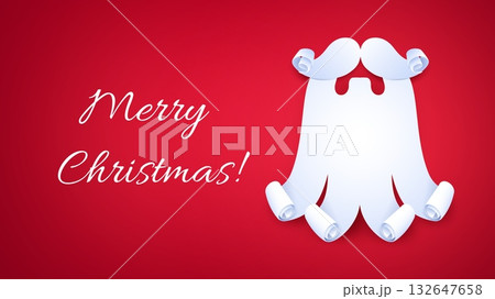 Santa Claus paper beard and mustache, merry Christmas greeting card. Vector holiday banner with curled paper Father Noel or saint Nicholas beard on red background. Festive seasonal Xmas congratulation Santa Claus paper beard and mustache, merry Christmas greeting card. Vector holiday banner with curled paper Father Noel or saint Nicholas beard on red background. Festive seasonal Xmas congratulation 132647658
