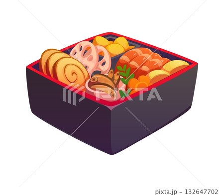 Traditional Japanese New year bento box osechi ryori, featuring neatly arranged food like lotus root, fish, tamagoyaki and vegetables. Vector appetizing Asian culinary meal, symbol of Japan tradition Traditional Japanese New year bento box osechi ryori, featuring neatly arranged food like lotus root, fish, tamagoyaki and vegetables. Vector appetizing Asian culinary meal, symbol of Japan tradition 132647702