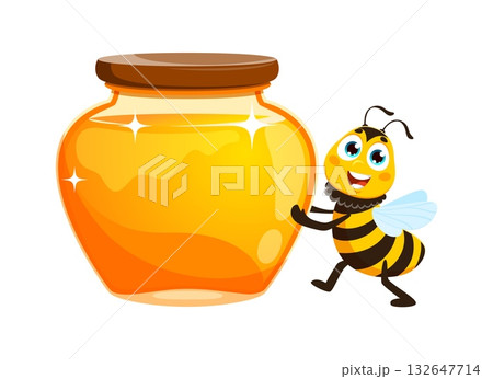 Honey jar and bee insect cartoon character. Bumblebee animal happy mascot, garden bee insect cute vector character. Honeybee baby funny isolated personage carrying fresh honey in glass jar 132647714