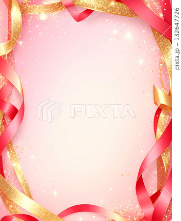 淡いピンクの背景を舞う赤と金の光沢あるリボンと華やかなグリッターが豪華なフレーム 132647726