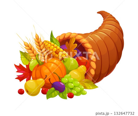 Cartoon cornucopia basket or Thanksgiving plenty horn. Autumn season harvest basket with apple, cranberry, pear, plum, berry, pumpkin, grapes, corn. Fall leaves and wheat spikelets Cartoon cornucopia basket or Thanksgiving plenty horn. Autumn season harvest basket with apple, cranberry, pear, plum, berry, pumpkin, grapes, corn. Fall leaves and wheat spikelets 132647732