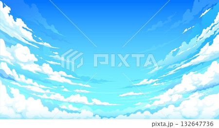 Cartoon anime manga blue sky vector background with soft fluffy clouds stretching to horizon. Anime, manga comic book or game nature landscape with summer sunny day sky with bright white clouds 132647736